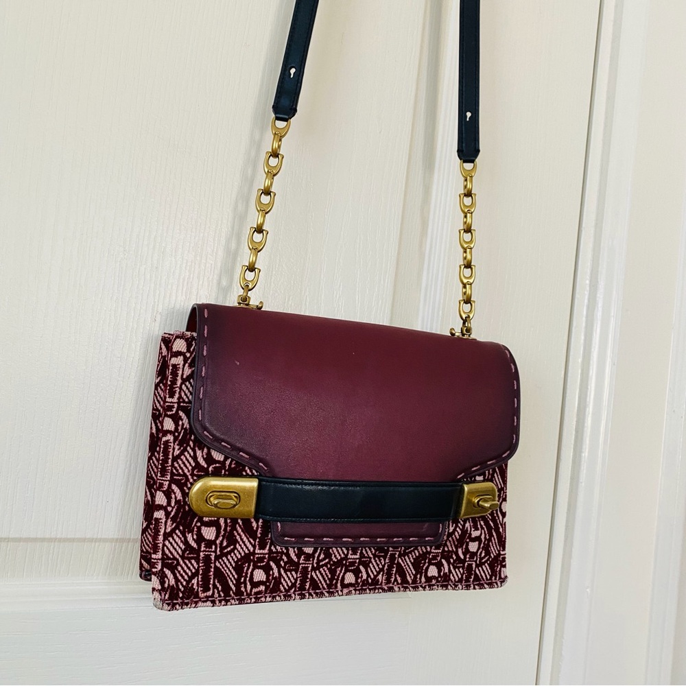 $595 Coach 1941 Swagger Burgundy Tweed Leather Chain Strap Crossbody Bag Clutch